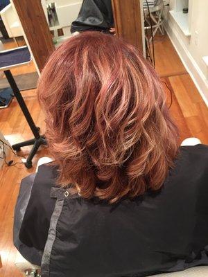 Red Brown, Blonde, Violet Color Melt and mid length cut