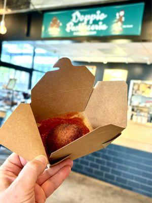 Charred mushroom arancini specializes! (with an iced decaf mocha latte)