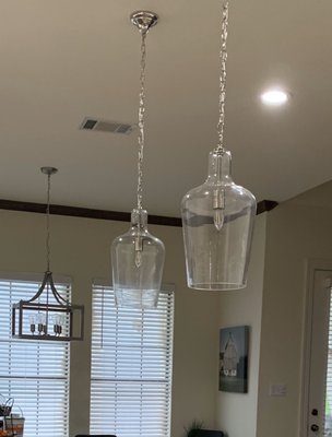 Two pendants installed over island, had to add electricity and switch for them.