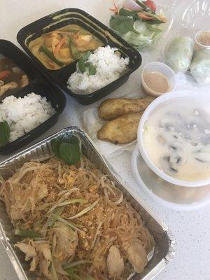 Pad thai, mango curry, basil chicken stir fry, chicken satay, fresh roll, tom kah