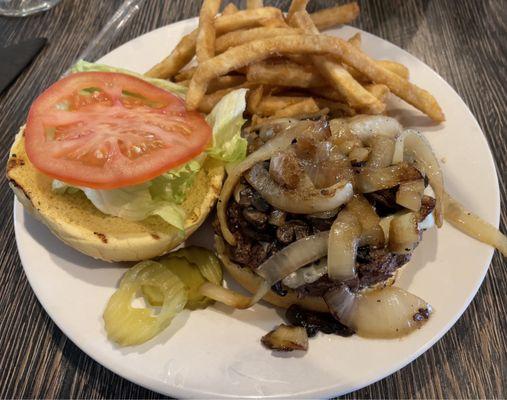 BYO Burger with grilled onions, mushrooms, and white American cheese!