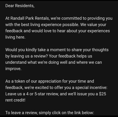 email offering to pay for 4 or 5 star reviews.