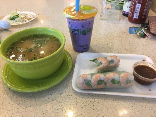 Chicken pho bowl regular sized; I added hoisin and sriracha, taro smoothie with boba, spring rolls with peanut sauce