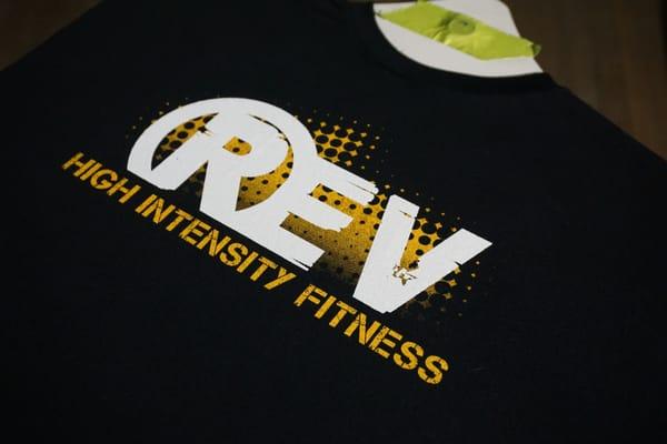 REV High Intensity Fitness 2 color halftone print.