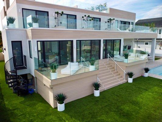 Backyard deck with grand staircase.