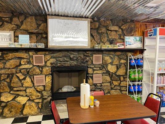 Fireplace with historical photos