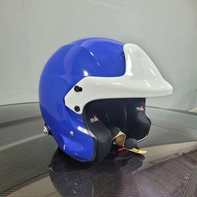 Racing helmet in blue and white vinyl wrap