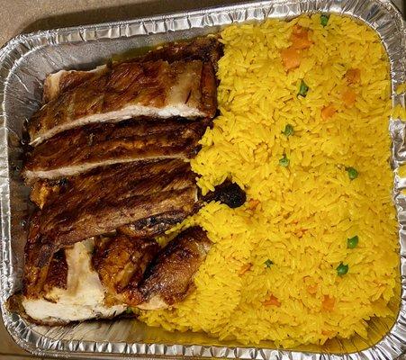 Full order of BBQ pork ribs, Chicken w/ rice and we asked for Black beans in place of the French fries that it normally comes with.