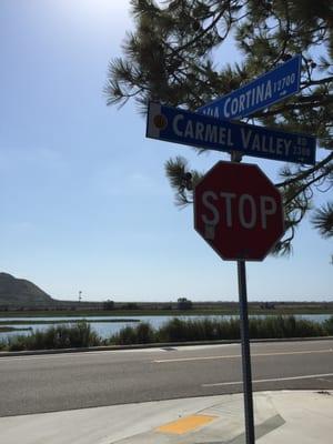 Street signs by Torrey Pines Lagoon and office