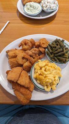 Fried Fish, Shrimp, scallops with green beans and Mac and cheese