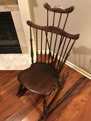 Resurrected rocker thanks to the furniture medic. Before and after comparison is proof,