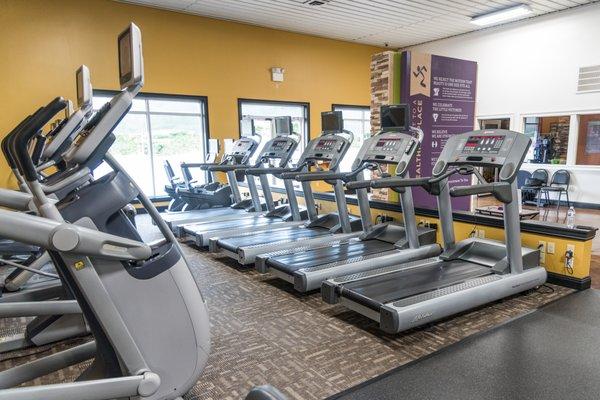 Treadmills, stationary bikes, ellipticals, and cross-trainers with HR-monitors, calorie counters, TVs, and Shock Absorption for weak knees.