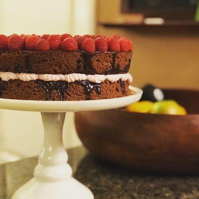 Chocolate Cake with Raspberry Cream and Dark Chocolate Ganache