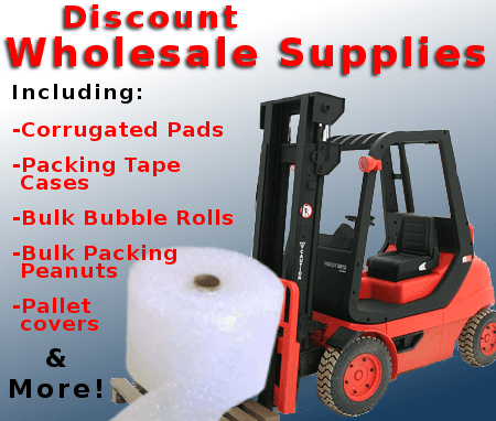 Wholesale quantities of packing supplies, boxes, sheets, tape, bubble rolls, & pallet covers.