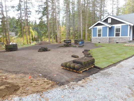 13 pallets of sod and 6 truckloads of topsoil.