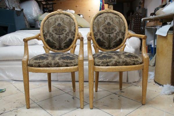 Chair Upholstery Restoration Los Angeles. Chair reupholstered with new fabric and wood refinish. By Manny Lopez