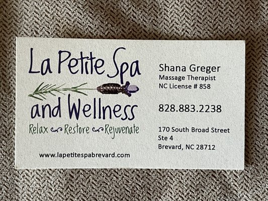 Business card I took prior to my massage.