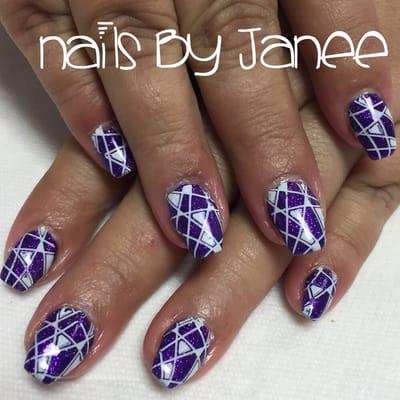 Purple gel nails with white design