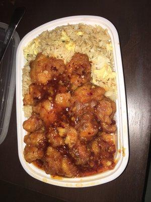 General Tso's chicken w/ fried rice. Ordered on a Thursday night at 6:36pm delivered at 6:54pm