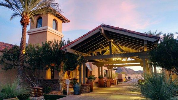 Beautiful entrance...great restaurant with spacious patio to the left, pro shop to the right.