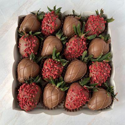 premium Belgian chocolate covered strawberries with freeze dried berries and design