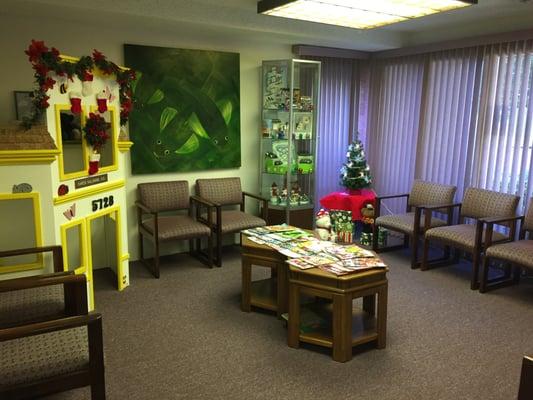 Our cozy waiting area, all decked out for the holidays!