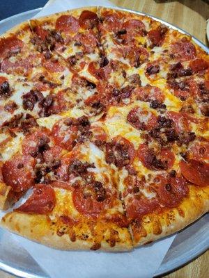 Pepperoni, bacon, extra cheese