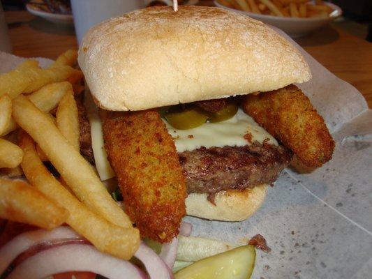 Highway 61 Burger, closeup - checkout the fried pickles & the jalapenos!