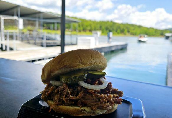 Juicy pulled pork sandwich Texas Style with pickles and onions. I challenge all the Memphians and Arkansans to give it a shot!