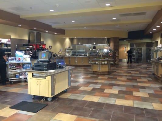 Cafeteria: Drinks (left) Salad Bar/Soup (right), cold cuts/fruits (center), hot food, desserts/premade s-wiches/salads (rear)