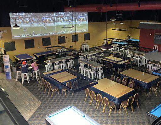 View of the back dining area from the second level.