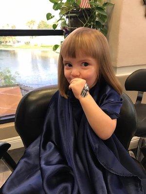 Another satisfied client. She loves looking at the ducks while getting her haircut with Susan Kravetz.