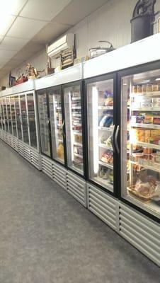 A wide varity of refrigerated and frozen goods.