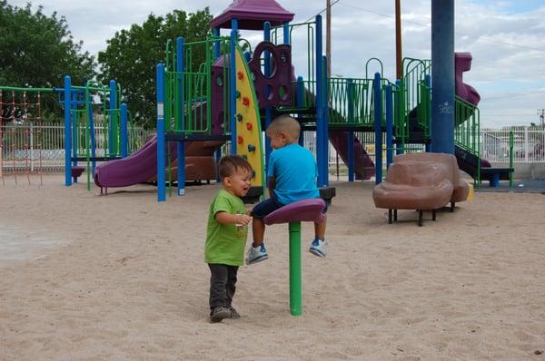 My little boy found a friend... not so safe but they were spinning each other on this chair.  Wish there was toddler equipment!