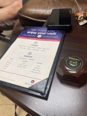 Menu of snacks and drinks in the patient room