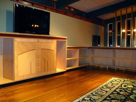 Entertainment center and bookcase in anigre and padauk veneers and solids.