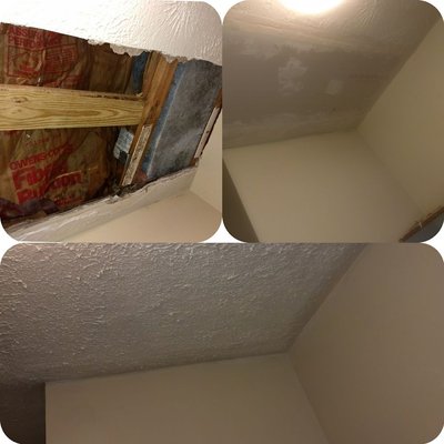 Repaired leaking roof and patched ceiling