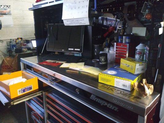 Mr. Maravillas tool box and current invoices mike is working on for a few customers