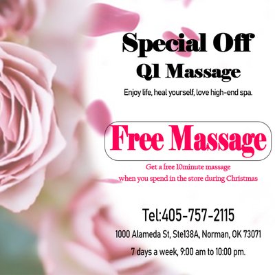 During the Christmas period, if you purchase a 60mins massage service in the store, you can receive a 10mins free massage (ENDS: 12/31/2023)