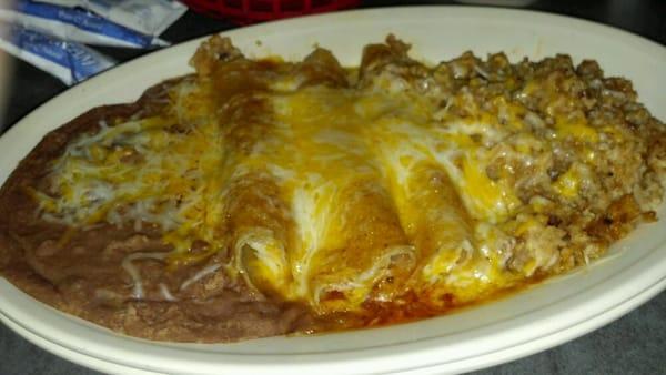 Enchilada beans rice and steak