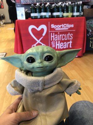 Baby Yoda here for a haircut. No appointments walk in only they sell tea tree and lemon sage shampoos.