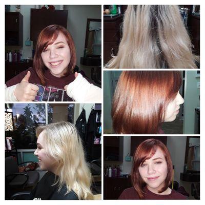 Bleached over processed Hair,with Dark ark hair, Gave Client rich  Redkin Copper Red and RedRed, Long Bob