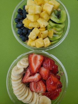 Acai bowls - pacific vibe coconut bowl on top and refresher acai bowl on bottom