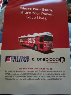 Flyer about the change from The Blood Alliance to One Blood.