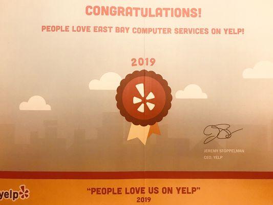 Yelp 2019 best service 5 star rating award