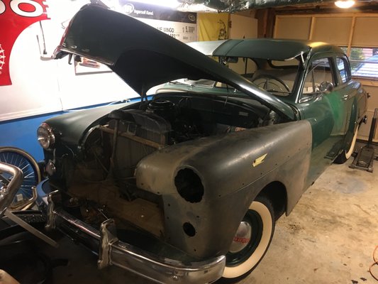 Here's an NOS 1949 Dodge Wayfarer fender needing paint and bodywork.