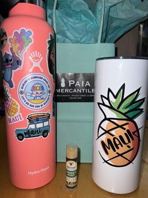 Hawaii Bee Company Honey Mint lip balm, some new stickers for my Hydro Flask and a new design your up tumbler for $10.