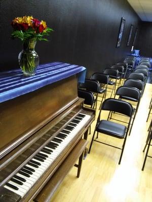 Piano included in studio for rehearsals and events