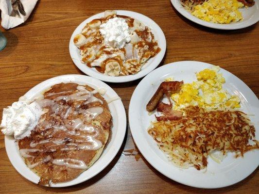 Cinnamon pancakes (left), banana caramel pancakes (top) and breakfast included with pancakes (right)