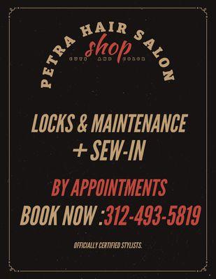 Locks& maintenance + sew-in service available by appointment book now 25% off first time clients.